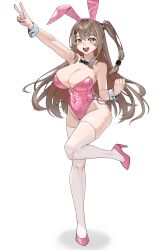 1girl absurdres animal_ear_hairband animal_ears black_bow black_bowtie bow bowtie breasts brown_eyes brown_hair cleavage detached_collar fake_animal_ears girls&#039;_frontline girls&#039;_frontline_2:_exilium hairband high_heels highres k2_(girls&#039;_frontline) large_breasts leotard long_hair looking_at_viewer one_side_up park_ppaeng_i pink_leotard pink_shoes playboy_bunny rabbit_ears shoes simple_background solo strapless strapless_leotard thighhighs v white_background white_thighhighs wrist_cuffs