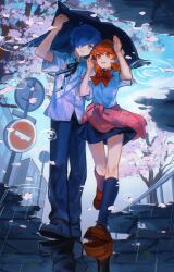 1boy 1girl arms_up bare_arms black_pants black_ribbon black_skirt black_socks blue_hair bow bowtie brown_eyes brown_hair brown_shoes cardigan cardigan_around_waist cherry_blossoms choker closed_mouth clothes_around_waist collared_shirt commentary covering_head digital_media_player earphones_removed falling_petals flipped_hair full_body gekkoukan_high_school_uniform grey_eyes hair_over_one_eye hands_up heart heart_choker highres improvised_umbrella kneehighs medium_hair miniskirt neck_ribbon outdoors pants parted_lips persona persona_3 petals pink_cardigan pink_petals pleated_skirt rain red_bow red_bowtie reflection reflective_water ribbon road_sign rrrrrrrrrrrou1 school_uniform shared_improvised_umbrella shirt shoes short_hair short_sleeves sign skirt socks symbol-only_commentary takeba_yukari walking water white_choker white_shirt yuuki_makoto_(persona_3)