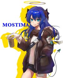 Rule 34 | 1girl, absurdres, arknights, asymmetrical gloves, black gloves, black shorts, blue eyes, blue hair, brown horns, brown jacket, character name, chinese commentary, closed mouth, commentary request, cowboy shot, cup, disposable coffee cup, disposable cup, drink, drop shadow, energio (lma95), fur-trimmed hood, fur trim, gloves, grey halo, hair between eyes, halo, hand in pocket, highres, holding, holding drink, hood, hood down, hooded jacket, horns, jacket, long sleeves, looking at viewer, medium hair, mismatched gloves, mostima (arknights), open clothes, open jacket, shirt, short shorts, shorts, smile, solo, standing, strap, tail, tail raised, traditional halo, white background, white gloves, white shirt