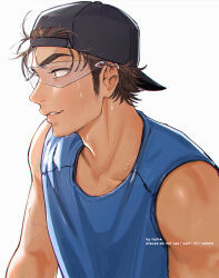 Rule 34 | 1boy, ace of diamond, alternate costume, alternate skin color, artist name, backwards hat, baseball cap, black hat, blue tank top, brown hair, closed mouth, collarbone, commentary, dark-skinned male, dark skin, from side, goggles, hat, lips, male focus, miyuki kazuya, nose, nume x, short hair, simple background, solo, sweat, tan, tank top, teeth, upper body, veins, veiny arms, white background, yellow eyes
