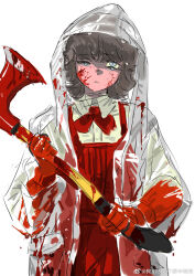 Rule 34 | axe, blood, blood on clothes, blood on face, blue eyes, brown hair, crying, gloves, highres, holding, holding axe, original, watermark, weibo 5782430976, weibo watermark