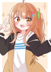 Rule 34 | 1girl, :d, ahoge, blunt bangs, blush, brown eyes, brown hair, collarbone, eyebrows hidden by hair, hair ornament, hair tie, hairclip, hibi wa sugiredo meshi umashi, highres, jacket, long sleeves, looking at viewer, meggut 2521, multiple hair clips, off shoulder, ogawa shinon, open clothes, open jacket, open mouth, shirt, side ponytail, single off shoulder, smile, solo, upper body, v, white shirt