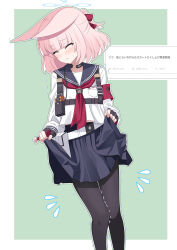 1girl animal_ear_fluff animal_ears armband black_gloves black_pantyhose blue_archive blue_halo blue_sailor_collar blue_skirt closed_eyes closed_mouth eko feet_out_of_frame fingerless_gloves flying_sweatdrops fox_ears fox_girl gloves halo highres inset long_sleeves medium_hair miniskirt neckerchief niko_(blue_archive) pantyhose pink_hair pleated_skirt puffy_long_sleeves puffy_sleeves red_armband red_neckerchief request_inset sailor_collar shirt sitting skirt skirt_hold solo translation_request white_shirt