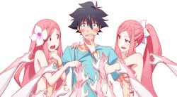 1boy 2girls bangle black_hair blush bracelet clothed_male_nude_female disembodied_hand dual_persona flower girl_sandwich green_eyes hair_flower hair_ornament hana-chan_(me!me!me!) hana_(me!me!me!) highres jewelry lipstick_mark long_hair looking_at_viewer me!me!me! multiple_girls nude official_art pink_hair red_eyes sandwiched scrunchie shirt shirt_tug shuu-chan_(me!me!me!) t-shirt too_many transparent_background
