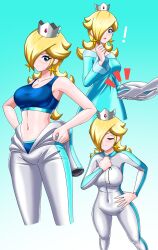! 1girl biker_clothes bikesuit blonde_hair blue_eyes blush bodysuit breasts cleavage closed_eyes covered_navel dress dressing hair_over_one_eye hand_on_own_hip highres irohazakayouth large_breasts legs long_hair mario_(series) mario_kart navel nintendo open_mouth panties rosalina solo sports_bra surprised thighs tongue underwear