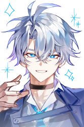1boy absurdres alternate_costume blue_eyes blue_jacket bright_pupils grey_hair grin hand_up highres honkai:_star_rail honkai_(series) jacket looking_at_viewer male_focus phainon_(honkai:_star_rail) short_hair smile solo sparkle starten1000 teeth white_background white_pupils