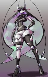 1girl 2024 alternate_color alternate_costume antennae arm_at_side arthropod_girl black_boots black_eyeshadow black_hair black_shirt black_sleeves blue_hair boots collar collarbone colored_inner_hair colored_skin commentary cosplay detached_sleeves english_commentary eyeshadow female_focus frown furrowed_brow gen_7_pokemon gipehtyboo half-closed_eyes high_heel_boots high_heels highres jewelry legs_apart long_eyelashes long_hair looking_at_viewer makeup multicolored_hair narrow_waist necklace nintendo pantyhose pheromosa pokemon pokemon_(creature) pokemon_sm purple_eyes shadow shiny_pokemon shirt shorts single_leg_pantyhose skull_necklace solo spiked_collar spikes standing stiletto team_skull team_skull_grunt_(female) thighlet torn_clothes torn_pantyhose torn_shorts ultra_beast very_long_hair white_shorts white_skin wide_hips