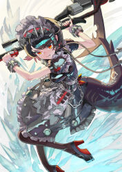 1girl black_hair breasts closed_mouth ellen_joe fins fish_tail high_heels highres holding holding_weapon incoming_attack looking_at_viewer maid maid_headdress medium_breasts mole mole_on_arm mole_under_eye orange_eyes shark_girl shark_tail short_hair shuuma solo tail weapon zenless_zone_zero