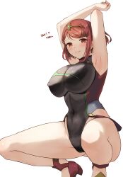 Rule 34 | 1girl, armpits, arms up, black one-piece swimsuit, breasts, closed mouth, commentary request, covered erect nipples, covered navel, dated, feet out of frame, gem, green gemstone, highres, large breasts, looking at viewer, official alternate costume, one-piece swimsuit, pyra (pro swimmer) (xenoblade), pyra (xenoblade), red eyes, red hair, red sandals, sandals, short hair, sidelocks, simple background, smile, solo, squatting, swimsuit, tiara, white background, xenoblade chronicles (series), xenoblade chronicles 2, yamamori kinako