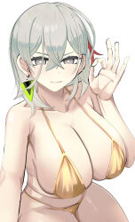 1girl absurdres bikini blush breasts cleavage cotan_(actancyaga) cowboy_shot diabellstar_the_black_witch duel_monster earrings gold_bikini golden_week golden_week_bikini grey_eyes grey_hair highres jewelry large_breasts medium_hair missing_commentary multicolored_hair ok_sign red_hair simple_background single_earring sitting solo streaked_hair swimsuit two-tone_hair white_background yu-gi-oh!
