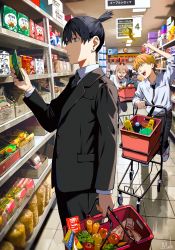 1girl 2boys absurdres apple banana_peel basket belt black_hair black_jacket black_pants blazer blonde_hair bob-omb broccoli brown_belt carrot chainsaw_man cigarette_pack commentary demon_horns denji_(chainsaw_man) dress_pants dress_shirt earrings food foreshortening fruit hair_between_eyes hayakawa_aki highres holding holding_basket horns indoors jacket jewelry kyuuba_melo long_hair looking_at_object mario_(series) multiple_boys necktie nintendo onion open_mouth pants parted_lips power_(chainsaw_man) sharp_teeth shirt shoes shopping_basket shopping_cart short_hair smile sneakers stud_earrings supermarket teeth tile_floor tiles tomato topknot turtle_shell white_shirt