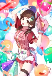 Rule 34 | 1girl, alternate costume, alternate hairstyle, blurry, blurry background, blurry foreground, breasts, brown eyes, brown hair, cherrymeing, cowboy shot, depth of field, gloves, hair ornament, hairclip, hat, highres, looking at viewer, low twintails, medium breasts, navel, official alternate costume, official alternate hairstyle, open mouth, pink shirt, project sekai, red shirt, shinonome ena, shirt, short shorts, short sleeves, shorts, smile, solo, standing, thighhighs, twintails, white shorts