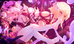 2girls arms_behind_back bdsm blonde_hair bondage bound breasts commentary_request dori_(genshin_impact) feet femdom flower genshin_impact hair_flower hair_ornament hat highres icecake lumine_(genshin_impact) multiple_girls pantyhose pink_hair restrained rope shibari soles toes yellow_eyes yuri