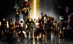 1girl 6+boys absurdres alex_mercer altair_ibn_la-ahad annotated aquarim armor assassin&#039;s_creed assassin&#039;s_creed_(series) asura asura&#039;s_wrath asura_(asura&#039;s_wrath) capcom character_request cole_macgrath cole_mcgrath commander_shepard commander_shepard_(male) crossover darksiders dead_space dragon_age dragon_age:_origins epic full_armor god_of_war grey_warden halo_(game) halo_(series) highres huge_filesize infamous isaac_clarke jackie_estacado kratos_(god_of_war) mass_effect_(series) mass_effect_1 master_chief monster_hunter_(series) multiple_boys multiple_crossover ninja_gaiden prince_(sands_of_time) prince_of_persia prototype_(game) pteruges rathalos_(armor) ryu_hayabusa the_darkness the_darkness_(character) war_(darksiders)