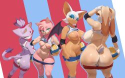 4girls alternate_costume amy_rose animal_ears animal_nose arm_up ass ball bat_ears bat_girl bat_tail blaze_the_cat blue_eyeshadow blue_shorts breasts brown_eyes buruma cat_ears cat_girl cat_tail commentary dolphin_shorts elbow_pads english_commentary eyelashes eyeshadow forehead_jewel furry furry_female green_eyes hairband half-closed_eyes hand_up height_difference holding holding_ball large_breasts looking_at_viewer makeup multiple_girls nipples orange_fur pink_fur pointing pointing_at_self purple_fur pussy rabbit_ears rabbit_girl red_buruma red_hairband rouge_the_bat shirt shorts size_difference small_breasts smewed smile sonic_(series) sportswear standing tail tank_top thighs tongue tongue_out vanilla_the_rabbit very_long_ears volleyball volleyball_(object) volleyball_uniform white_fur white_shirt white_tank_top wide_hips yellow_eyes yellow_fur