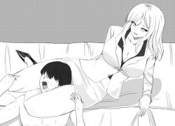 Rule 34 | 1boy, 1girl, bdsm, bed, black footwear, black hair, breasts, business suit, cleavage, clothed female nude male, collarbone, femdom, fingernails, formal clothes, greyscale, head between knees, high heels, leg lock, legs, long hair, looking at another, medium breasts, monochrome, neri aisu, nude, open mouth, original, reverse ryona, sadism, short hair, sitting, suit, sweat, teacher, thighs, weak male, white background