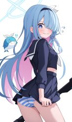 1girl @_@ absurdres black_hairband black_serafuku black_shirt black_skirt blue_archive blue_eyes blue_hair blue_halo blue_panties blush braid closed_mouth colored_inner_hair cosplay flying_sweatdrops general_student_council_president_(blue_archive) hair_over_one_eye hairband halo highres holding holding_umbrella long_hair multicolored_hair neckerchief panties pink_hair plana_(blue_archive) plana_(blue_archive)_(cosplay) school_uniform serafuku shijima_(shijima_tc) shirt simple_background single_braid skirt solo striped_clothes striped_panties sweatdrop tears umbrella undersized_clothes underwear wavy_mouth white_background white_neckerchief
