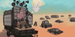 1girl black_skirt bocchi_the_rock! desert fugota6509 gotoh_hitori guitar highres hood hoodie instrument mad_max mad_max:_fury_road motor_vehicle pink_hair pink_hoodie sand skirt solo speaker the_doof_wagon the_doof_warrior truck