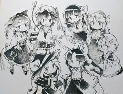 6+girls apron back_bow blonde_shrine_maiden_from_a_future_era_(touhou) bow capelet character_request detached_sleeves dress frilled_hat frilled_shirt_collar frilled_sleeves frills gohei greyscale hair_bow hakama hakama_skirt hakurei_reimu hat hourai_girl_(touhou) japanese_clothes kirisame_marisa kirisame_marisa_(pc-98) long_hair long_sleeves maid maid_apron medium_hair miko mob_cap monochrome multiple_girls pocket portrait_of_exotic_girls puffy_short_sleeves puffy_sleeves ribbon_trim short_hair short_sleeves skirt touhou touhou_(pc-98) traditional_media wadante wide_sleeves witch_hat