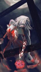 1girl bandaged_arm bandages bare_shoulders black_background breasts detached_sleeves flower grey_hair harparka highres holding holding_flower jewelry lips long_hair medium_breasts phrolova_(wuthering_waves) picture_frame purple_eyes red_nails red_sleeves single_detached_sleeve solo spider_lily tacet_mark_(wuthering_waves) wuthering_waves