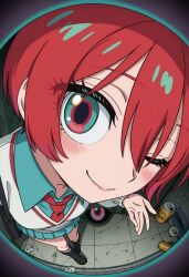 1girl absurdres amate_yuzuriha beer_can blush can commentary drink_can english_commentary fisheye full_body green_eyes green_shirt gundam gundam_gquuuuuux highres kawaaniiiii necktie one_eye_closed pov_peephole red_hair red_necktie shirt smile solo sweater white_sweater