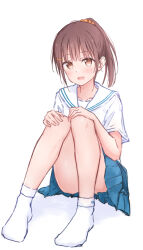 1girl blue_skirt blush bow breasts brown_eyes brown_hair collarbone hair_between_eyes hair_ornament highres kutatsu_(kutatsu7) looking_at_viewer open_mouth original pleated_skirt ponytail sailor_collar school_uniform shirt short_hair short_sleeves simple_background skirt smile socks solo thighs white_sailor_collar white_shirt white_socks