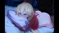 1boy 1girl animated bed bed_sheet bedroom blonde_hair blue_eyes bottomless clothed_sex dark-skinned_male dark_skin face_in_pillow heart heart-shaped_pupils hetero highres hugging_object long_hair null_(nyanpyoun) pillow pillow_grab pillow_hug pillow_princess prone_bone sex sex_from_behind sound symbol-shaped_pupils video