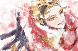 Rule 34 | 1boy, akiyama youkou, black gloves, blonde hair, boku no hero academia, eyelashes, facial hair, feathers, gloves, goatee stubble, hawks (boku no hero academia), headphones, highres, looking at viewer, male focus, parted lips, reaching, reaching towards viewer, red feathers, short hair, solo, stubble, yellow eyes