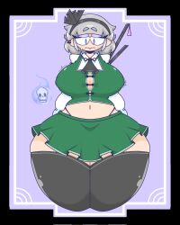 Rule 34 | 1girl, black border, black hairband, black panties, black thighhighs, border, breasts, button gap, commission, commentary, commission, covered erect nipples, curvy, green skirt, green vest, grey eyes, grey hair, hairband, highres, huge breasts, konpaku youmu, long sleeves, mccum69, navel, panties, purple background, shirt, short hair, skirt, skull, solo, thighhighs, touhou, underwear, vest, white shirt