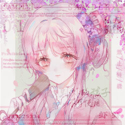 1girl artist_request bracelet chinese_commentary closed_mouth commentary_request commission eyelashes falling_petals flower flower_bracelet green_background hair_bun hair_flower hair_ornament holding holding_oar japanese_clothes jewelry kimono lace lace-trimmed_kimono lace_trim light_blush lipstick looking_at_viewer makeup nail_polish oar original outside_border petals pillarboxed pink_eyes pink_hair pink_kimono pink_lips pink_nails pink_ribbon purple_flower ribbon sample_watermark second-party_source short_hair_with_long_locks sidelocks single_side_bun smile solo too_many_watermarks upper_body watermark weibo_watermark wisteria wrist_ribbon yukata