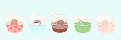 animal bird chai_(drawingchisanne) commentary_request cow dessert food food_focus horns ice_cream ice_cream_cup in_food lid looking_at_viewer no_humans original polka_dot signature simple_background striped undersized_animal waving