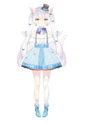 1girl animal_ear_fluff animal_ears asymmetrical_legwear black_hat blue_bow blue_eyes blue_shoes blue_skirt blush bow cat_ears cat_girl cat_tail center_frills commentary_request frilled_shirt frills full_body grey_hair hair_between_eyes hair_bow hair_ornament hairclip hat heart heart_hair_ornament high_heels long_hair mini_hat mini_top_hat off-shoulder_shirt off_shoulder original plaid_clothes plaid_skirt shirt shoes short_eyebrows simple_background single_sock single_thighhigh skirt socks solo standing suspender_skirt suspenders tail thick_eyebrows thighhighs tilted_headwear top_hat twintails very_long_hair white_background white_shirt white_socks white_thighhighs yuizaki_kazuya