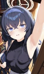 1girl absurdres arm_up armpits bags_under_eyes black_hair blue_archive blue_eyes blue_hairband book bookshelf breasts commentary covered_erect_nipples crossed_bangs day english_commentary from_above hair_between_eyes hairband halo highres holding holding_book indoors lewd_chan library long_bangs long_hair looking_at_viewer looking_up no_bra parted_lips pink_halo raised_inner_eyebrows reaching shirt shirt_tucked_in skirt sleeveless sleeveless_shirt small_breasts solo sunlight turtleneck turtleneck_shirt ui_(blue_archive) upper_body wavy_mouth white_skirt