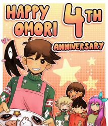 +_+ 1girl 4boys :d ;d ^_^ antenna_hair apron aqua_eyes aqua_hairband aubrey_(faraway)_(omori) aubrey_(omori) basil_(faraway)_(omori) basil_(omori) black_eyes black_hair blonde_hair blush blush_stickers border bow_hairband bright_pupils brothers brown_hair character-themed_food christmas_sweater closed_eyes commentary cookie copyright_name dark-skinned_male dark_skin donuqx double-parted_bangs english_commentary finger_to_cheek fingernails flower food forest_bunny_(omori) green_sweater grin hair_behind_ear hair_between_eyes hair_flower hair_ornament hair_over_shoulder hairband hand_on_another&#039;s_shoulder happy_anniversary hatching_(texture) heart hero_(faraway)_(omori) hero_(omori) highres holding holding_tray kel_(faraway)_(omori) kel_(omori) long_sleeves looking_at_another looking_at_viewer merry_christmas multiple_boys no_sclera omocat_(style) omori one_eye_closed open_mouth orange_background outline outside_border pink_apron pink_flower pink_hair puffy_long_sleeves puffy_sleeves red_sweater short_hair siblings simple_background smile something_(omori) sprout_mole star_(symbol) star_symbol_background straight_hair sunny_(omori) sweater teeth tongue tray turtleneck turtleneck_sweater twitter_username upper_body upper_teeth_only very_short_hair white_border white_outline white_pupils