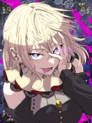 1girl bang_dream! bang_dream!_it&#039;s_mygo!!!!! black_dress blonde_hair clothing_cutout commentary_request doloris_(bang_dream!) dress earrings hair_between_eyes hand_on_own_face highres jewelry long_sleeves looking_at_viewer medium_hair misumi_uika open_mouth purple_eyes shoulder_cutout solo tongue tongue_out tsuyudashimirin upper_body yellow_brooch