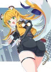 1girl :3 animal_ear_fluff animal_ears ass black_gloves black_shorts blonde_hair blunt_bangs blush bow cityscape colored_inner_hair cowboy_shot elbow_gloves fence fingerless_gloves from_behind gloves green_eyes grey_shirt hair_intakes highres huge_ass jacket ju_fufu kamuraaa_615 loli long_hair looking_at_viewer looking_back multicolored_hair open_mouth orange_fur orange_jacket shirt shorts skindentation smile solo sparkle striped_hair tail tail_bow tail_ornament thick_thighs thigh_strap thighs tiger_ears tiger_girl tiger_stripes tiger_tail white_background white_hair zenless_zone_zero