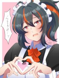 1girl alternate_costume black_dress black_hair blue_w_moon blush border dress enmaided heart heart_hands highres maid maid_headdress multicolored_hair open_mouth pink_background puffy_short_sleeves puffy_sleeves red_eyes red_hair short_sleeves solo speech_bubble streaked_hair trembling wavy_mouth white_border wrist_cuffs zenless_zone_zero zhu_yuan