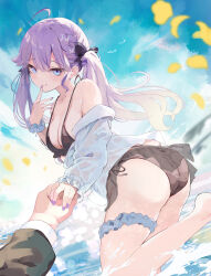 1boy 1girl :q absurdres ahoge ass bikini black_bikini blush braid breasts butterfly_hair_ornament cleavage closed_mouth collarbone falling_petals fingernails frilled_thigh_strap gakuen_idolmaster hair_ornament highres holding_hands idolmaster jacket jacket_partially_removed kaya_rinha long_hair medium_breasts mole mole_on_neck nail_polish nyorotono_(amafurashi) petals producer_(idolmaster) purple_hair scrunchie smile string_bikini swimsuit thigh_strap tongue tongue_out twintails white_jacket wrist_scrunchie