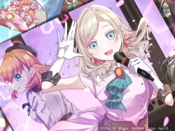 2girls :d ^_^ aqua_neckerchief ascot blue_eyes breasts ceras_yanagida_lilienfeld character_age character_name closed_eyes closed_mouth commentary_request dated dream_believers dress elbow_gloves fold-over_gloves gloves gradient_clothes gradient_dress green_ascot grey_hair hair_ribbon happy_birthday hasu_no_sora_school_uniform highres hinoshita_kaho hinoshita_kaho_(young) holding holding_microphone link!_like!_love_live! long_hair long_sleeves looking_at_viewer love_live! medium_breasts microphone multiple_girls multiple_views neckerchief official_alternate_costume open_mouth pink_dress pink_ribbon pinstripe_ascot profile ribbon sailor_collar sakari_(pear_8_ll) school_uniform smile stuffed_animal stuffed_rabbit stuffed_toy virtual_youtuber white_gloves white_sailor_collar winter_uniform