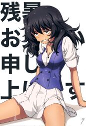 1girl andou_(girls_und_panzer) bc_freedom_military_uniform black_hair breasts commentary_request erakin girls_und_panzer grey_eyes highres hot long_hair medium_breasts sitting skirt solo sweat tan translation_request very_sweaty vest
