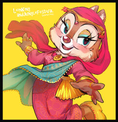 1girl alternate_costume blue_eyes chipmunk_ears chipmunk_girl clarice_(disney) disneyland english_text eyelashes furry furry_female highres looking_at_viewer mickey_mouse_&amp;_friends moov_(mb_52) open_mouth smile solo upper_body