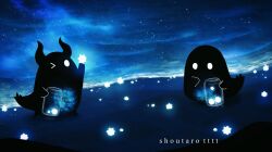 artist_name glowing highres holding horns hoshikui jar night night_sky no_humans one_eye_closed original outdoors shoutarou_(shoutarotttt) sky star_(sky) star_(symbol) starry_sky