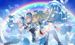 2girls absurdres bang_dream! bang_dream!_it&#039;s_mygo!!!!! bird black_dress blue_bow blue_dress blue_hair bow brown_eyes clothing_cutout commentary dove dress english_commentary frilled_thigh_strap green_hair hair_ornament hairclip heart highres kneehighs long_hair long_sleeves maoerduo_meow multiple_girls open_mouth rainbow shoulder_cutout sidelocks single_thighhigh socks thigh_strap thighhighs togawa_sakiko wakaba_mutsumi white_bow white_socks white_thighhighs