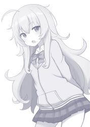 Rule 34 | 1girl, ahoge, arms behind back, bow, bowtie, breasts, cardigan, commentary, commentary request, contrapposto, cowboy shot, english commentary, gabriel dropout, gabriel tenma white, greyscale, highres, long hair, mikoscrub, miniskirt, monochrome, pleated skirt, skirt, small breasts, solo, striped clothes, striped skirt, very long hair