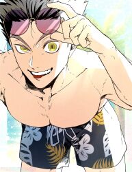 Rule 34 | 1boy, adjusting eyewear, arm up, black hair, bokuto koutarou, collarbone, commentary request, drawstring, eyewear on head, fingernails, floral print, grey hair, haikyuu!!, highres, leaning forward, looking at viewer, male focus, male swimwear, multicolored hair, omg genjitsu, pectorals, pink-tinted eyewear, round eyewear, short hair, solo, sunglasses, swim trunks, tinted eyewear, two-tone hair, uneven eyes, watermark, yellow eyes
