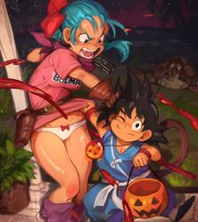 1boy 1girl absurdres age_difference angry black_hair blood blue_hair bow bow_panties bulma character_name child clothes_lift clothes_writing dougi dragon_ball dragon_ball_(classic) dragon_ball_(object) halloween highres khyle. looking_at_viewer onee-shota panties ruyi_jingu_bang skirt skirt_lift smile son_goku thighs turtle underwear white_panties