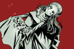 1girl anlucea apron breasts butterfly_hair_ornament collarbone dragon_quest dragon_quest_x dress flower from_above greyscale_with_colored_background hair_ornament hair_slicked_back long_hair looking_at_viewer looking_to_the_side medium_breasts mole mole_under_mouth official_alternate_costume ozogori_(user_tzaz2447) red_background smile solo waist_apron