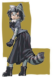 1girl absurdres adapted_costume animal_ears arairestaurant black_boots black_bow black_bowtie black_gloves black_hair black_skirt blue_sweater boots bow bowtie common_raccoon_(kemono_friends) elbow_gloves from_behind fur_collar gloves green_eyes grey_gloves grey_hair grey_pantyhose highres kemono_friends long_skirt looking_back multicolored_hair open_mouth pantyhose pleated_skirt puffy_short_sleeves puffy_sleeves raccoon_ears raccoon_girl raccoon_tail short_hair short_sleeves skirt solo standing sweater tail white_fur
