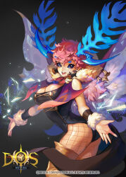 1girl antennae black_background black_leotard black_sclera blue_eyes breasts byam cleavage coattails collar colored_sclera commentary copyright_name copyright_notice cowboy_shot dice dice_of_soul earrings fairy fairy_wings fishnet_pantyhose fishnets gradient_background highres insect_wings jewelry leotard light_particles looking_at_viewer magic medium_breasts nexon official_art pantyhose pink_hair pixie_cut puffy_collar puffy_sleeve_cuffs red_collar short_hair smile solo tassel tassel_earrings teeth thighhighs triangle upper_teeth_only wings wrist_cuffs