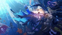 Rule 34 | 2boys, 2girls, absurdres, black collar, black gloves, blonde hair, blue cape, blue sash, blue veil, boots, brant (wuthering waves), breasts, cape, collar, english text, gloves, grey hair, hair ornament, hat, highres, long hair, long sleeves, looking at another, lorelei (wuthering waves), male rover (wuthering waves), marroncaramel i, medium breasts, medium hair, missing commentary, monster girl, multiple boys, multiple girls, navel, no nipples, own hands clasped, own hands together, pantyhose, phoebe (wuthering waves), rover (wuthering waves), sash, shirt, skirt, solo focus, staff, stomach, tacet mark (wuthering waves), underwater, veil, white boots, white hat, white pantyhose, white shirt, white skirt, wuthering waves, x hair ornament, yellow eyes